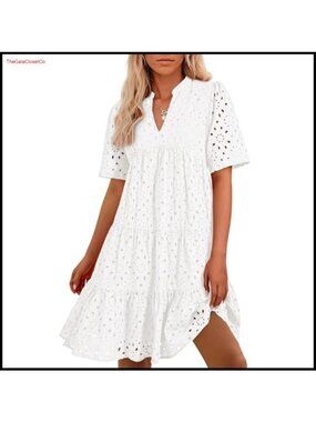 Lace Eyelet Mini Boho Summer Dress V-Neck Short Sleeve A-Line